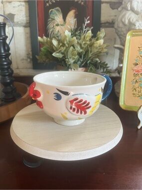 Hand-Painted Ceramic Chicken Soup Mug - White with Red, Yellow & Blue Accents